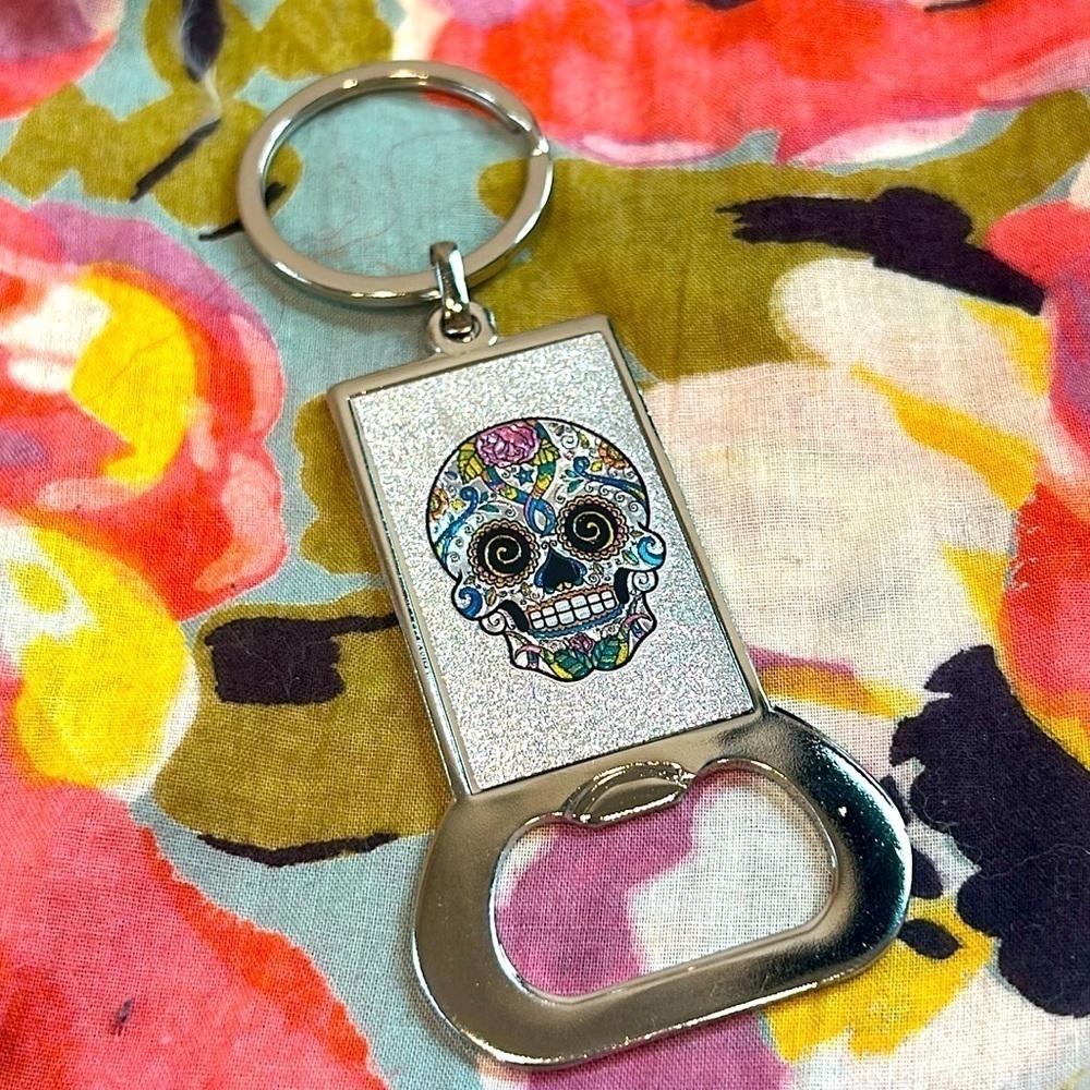 Day of the Dead Sugar sparkle Skull Key Ring Bottle Opener silver new w/o tag